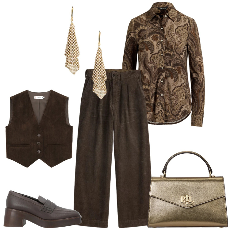 Outfit donna - Total look #2312062. Stile Chic per Serata fuori. Abbinamento con mocassini, gilet, borse a mano, camicie, orecchini, pantaloni.