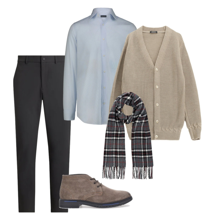 Outfit uomo - Look da rientro. Stile Casual per Ufficio. Abbinamento con cardigans, pantaloni, scarpe stringate, sciarpe, camicie.