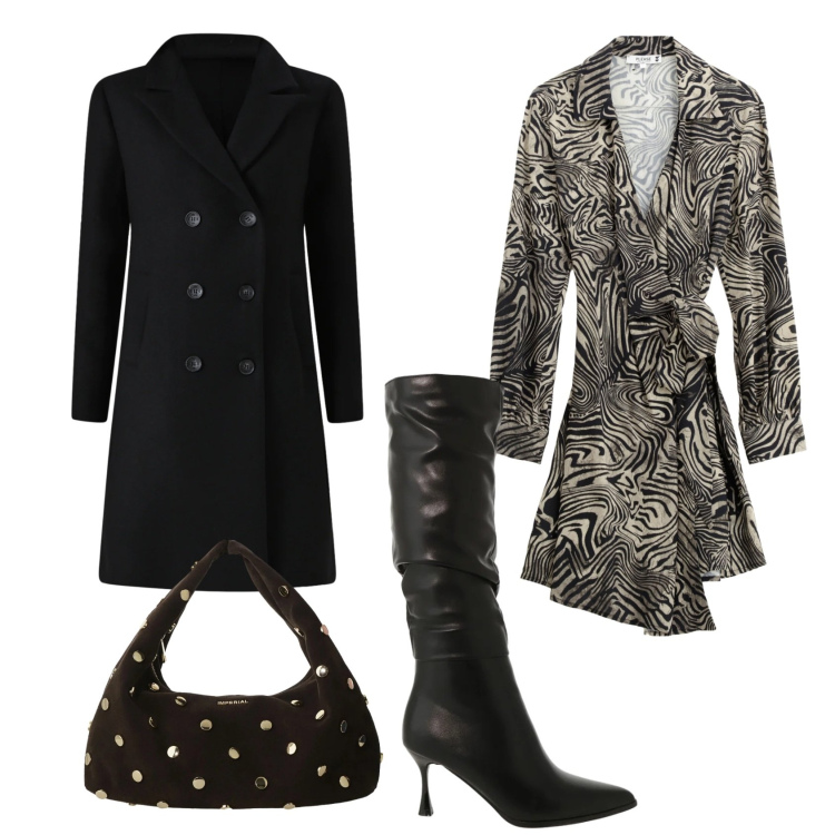 Outfit donna - Total look #2312068. Stile Glamour per Serata fuori. Abbinamento con vestiti corti, stivali sopra il ginocchio, borse a spalla, cappotti.