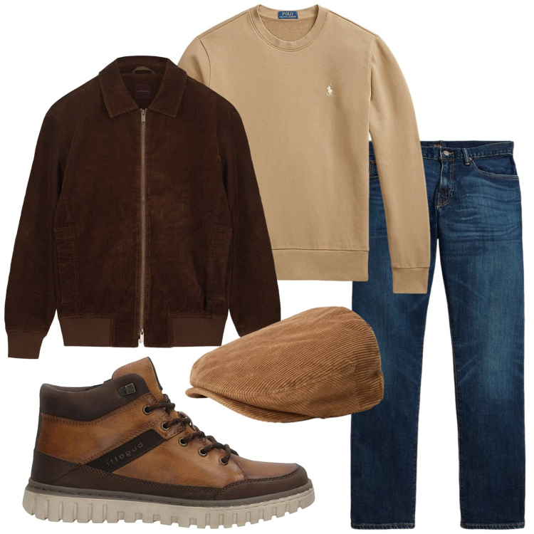 Outfit uomo - Total look #2312072. Stile Casual Abbinamento con felpe, jeans dritti, cappelli, giacche, anfibi.