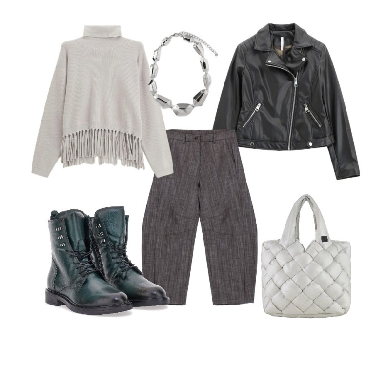 Outfit donna - Total look #2312080. Abbinamento con maglieria, blazer, pantaloni, borse tote, anfibi, ciondoli.