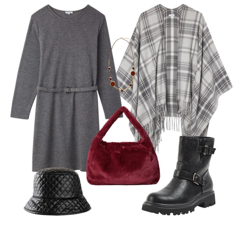 Outfit donna - Total look #2312081. Abbinamento con cappelli con visiera, stivaletti, cappotti, vestiti corti, collane, borse a spalla.