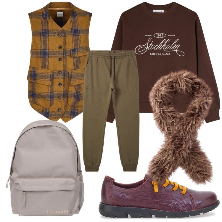 Outfit donna - W la mia befana. Stile Casual per Tutti i giorni. Abbinamento con zaini, felpe, pantaloni, sciarpe, gilet, scarpe stringate.
