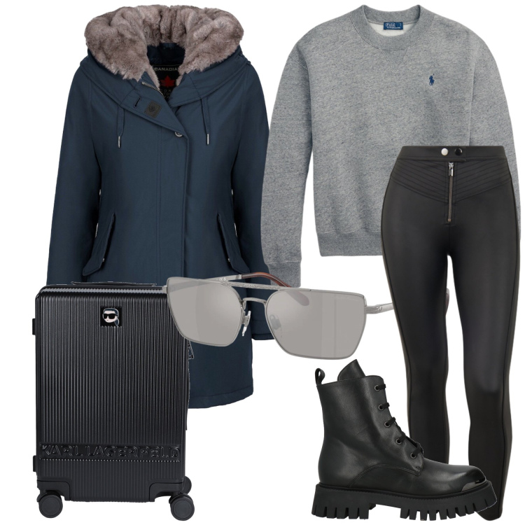 Outfit donna - Befana in viaggio. Stile Urban per Tutti i giorni. Abbinamento con anfibi, valigie, pantaloni skinny, occhiali da sole, felpe, parka.