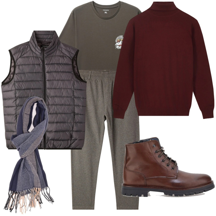 Outfit uomo - Capi ideali per il freddo. Stile Trendy per Ufficio. Abbinamento con piumini, pantaloni, t-shirt, maglieria, sciarpe, anfibi.