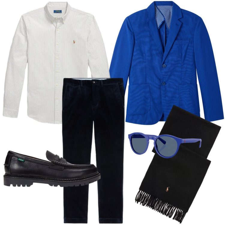 Outfit uomo - Blazer bluette per la serata. Stile Trendy per Serata speciale. Abbinamento con giacche, scarpe stringate, occhiali da sole, pantaloni, sciarpe, camicie.