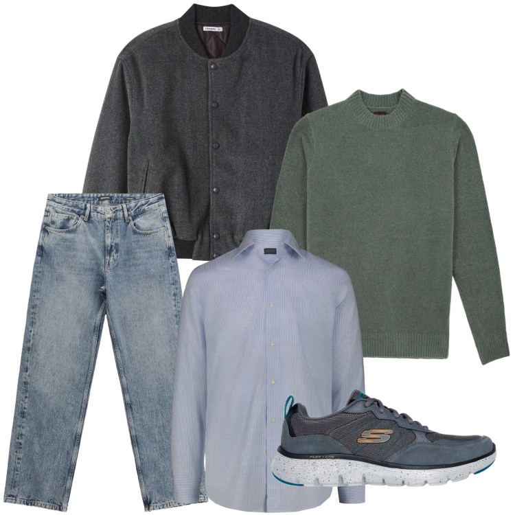 Outfit uomo - Linee pulite. Stile Casual per Tutti i giorni. Abbinamento con bomber, jeans dritti, sneakers, camicie, maglieria.