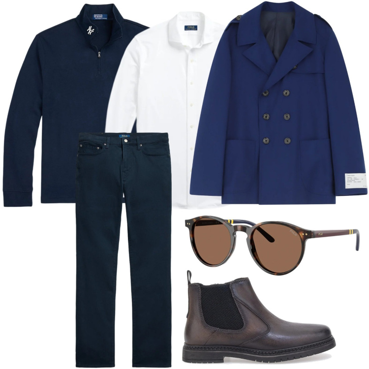 Outfit uomo - Note raffinate. Stile Casual per Ufficio. Abbinamento con caban, occhiali da sole, pullovers, pantaloni, camicie, stivali e stivaletti.