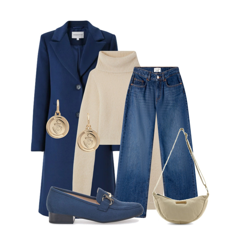 Outfit donna - Total look #2312103. Stile Casual chic per Tutti i giorni. Abbinamento con jeans, maglieria, orecchini, cappotti, mocassini, borse a tracolla.