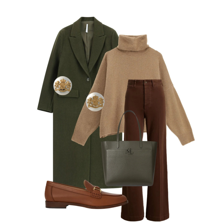 Outfit donna - Total look #2312108. Stile Casual chic per Tutti i giorni. Abbinamento con cappotti, maglieria, orecchini, mocassini, pantaloni, borse tote.