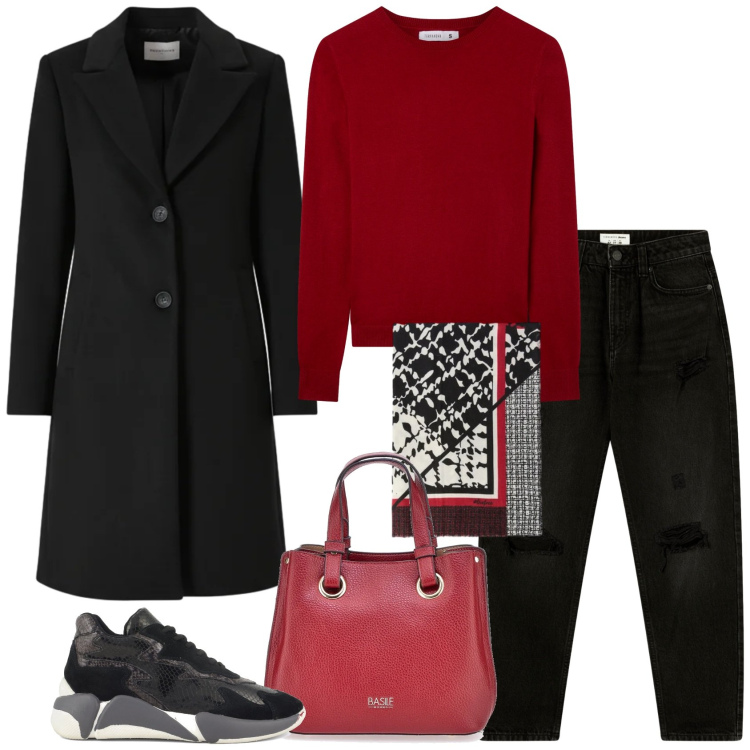 Outfit donna - Il rosso e il nero. Stile Basic per Tutti i giorni. Abbinamento con maglieria, jeans mom, cappotti, sneakers alte, borse a mano, sciarpe.