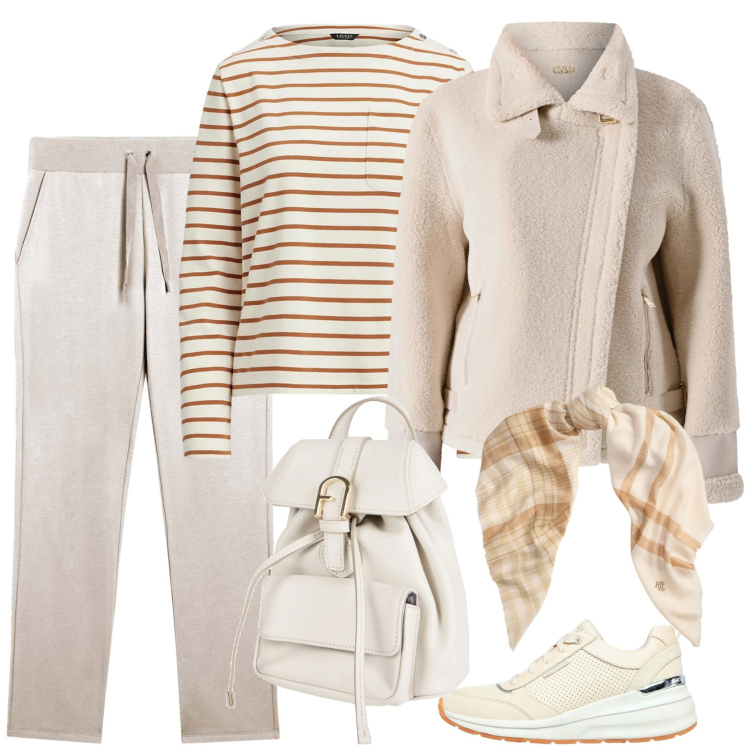 Outfit donna - Chiara e al caldo. Stile Sporty chic per Tutti i giorni. Abbinamento con zaini, ecopellicce, pantaloni, maglieria, sciarpe, sneakers.
