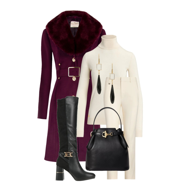 Outfit donna - Total look #2312112. Stile Chic per Tutti i giorni. Abbinamento con stivali, cappotti, borse a secchiello, orecchini, maglieria, pantaloni.