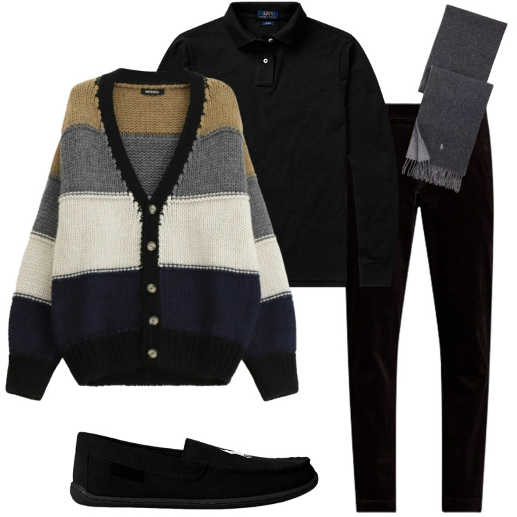 Outfit uomo - Gennaio in lana. Stile Trendy per Tutti i giorni. Abbinamento con cardigans, polo, pantaloni, pantofole, sciarpe.