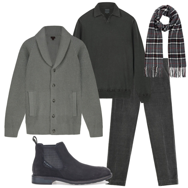 Outfit uomo - Gennaio in lana. Stile Urban per Ufficio. Abbinamento con pantaloni chino, cardigans, stivali e stivaletti, sciarpe, maglieria.