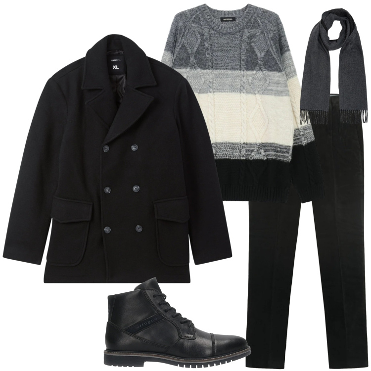 Outfit uomo - Look da rientro. Stile Urban per Ufficio. Abbinamento con caban, maglieria, sciarpe, anfibi, pantaloni.