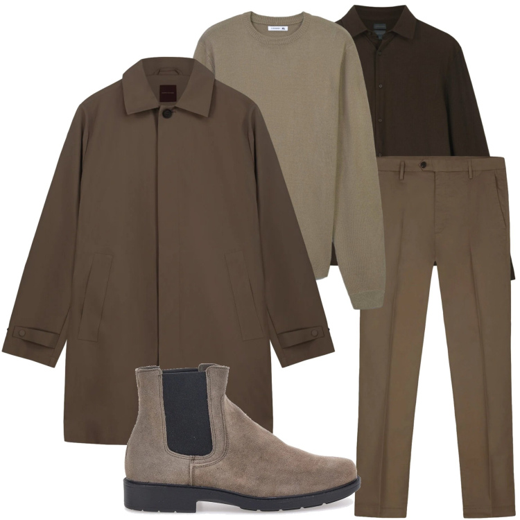 Outfit uomo - Layering d\'inverno. Stile Urban per Tutti i giorni. Abbinamento con maglieria, stivali e stivaletti, trench, polo, pantaloni.