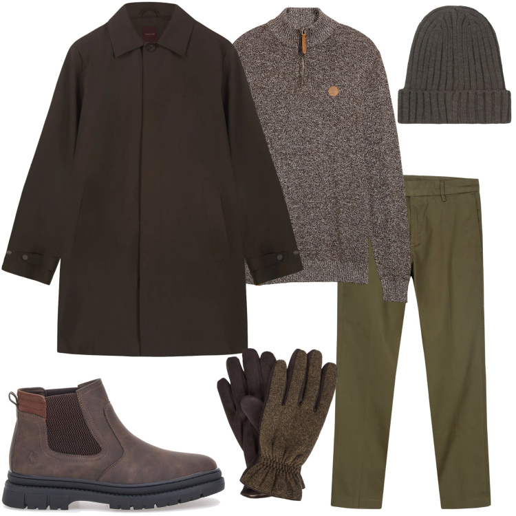 Outfit uomo - Gennaio. Stile Urban per Ufficio. Abbinamento con maglieria, stivali e stivaletti, trench, pantaloni chino, berretti, guanti.
