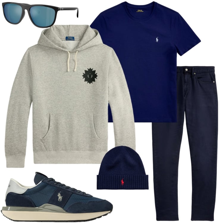 Outfit uomo - Casual style. Stile Casual per Tutti i giorni. Abbinamento con t-shirt, sneakers, occhiali da sole, felpe con cappuccio, berretti, pantaloni chino.