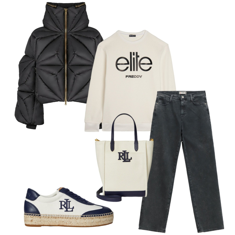 Outfit donna - Total look #2312127. Stile Casual per Tutti i giorni. Abbinamento con jeans dritti, felpe, sneakers, borse tote, piumini.