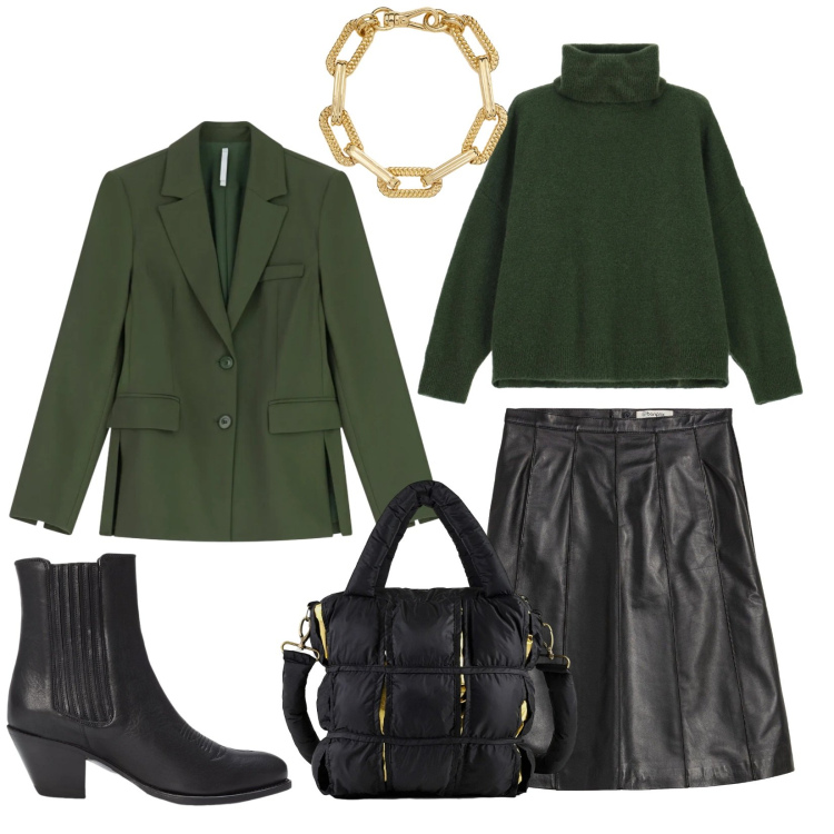 Outfit donna - Total look #2312129. Stile Casual chic per Tutti i giorni. Abbinamento con gonne, blazer, maglieria, braccialetti, stivaletti texani, borse a mano.