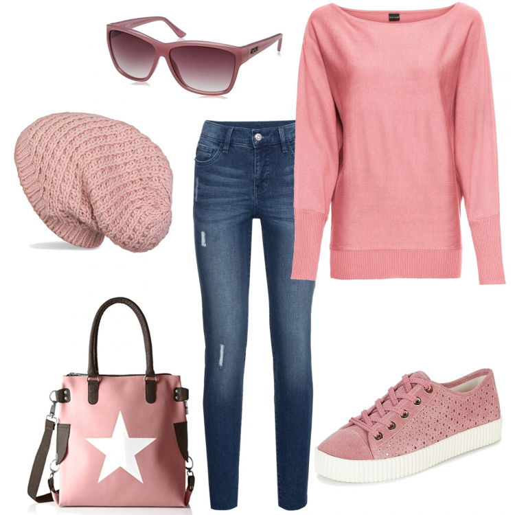 Outfit donna - Love jeans. Stile Trendy per Scuola/Università. Abbinamento con maglione con scollo rosa, jeans strappati, sneakers, borsa a tracolla con manico, cuffia beanie lunga in in maglia elasticizzato rosa, occhiali da sole rosa.