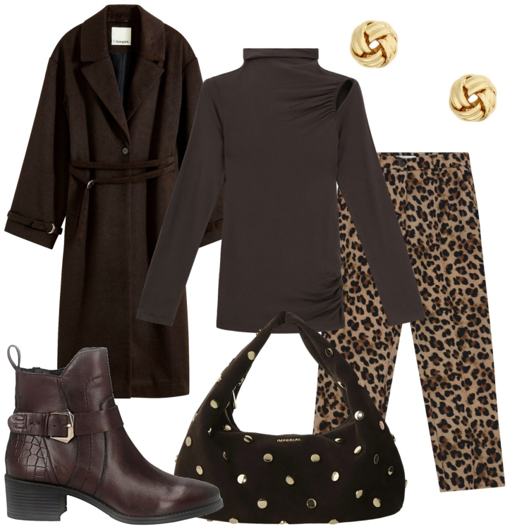 Outfit donna - Total look glam. Stile Glamour per Tutti i giorni. Abbinamento con cappotti, pantaloni, pullovers, borse a spalla, orecchini, stivaletti.