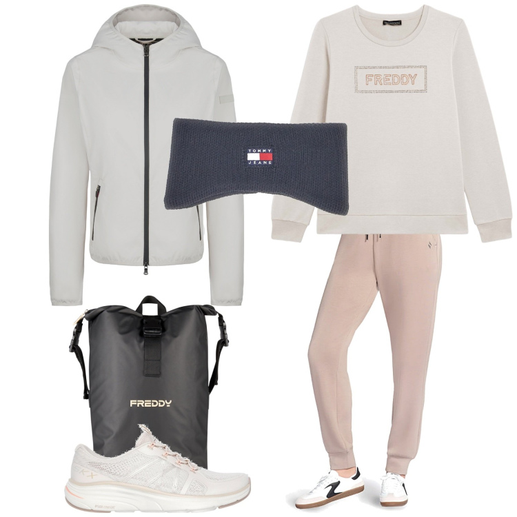 Outfit donna - Riprendiamo con lo sport. Stile Casual per Sport. Abbinamento con borse sportive, felpe sportive, giacche sportive, fasce per capelli, pantaloni, scarpe sportive.