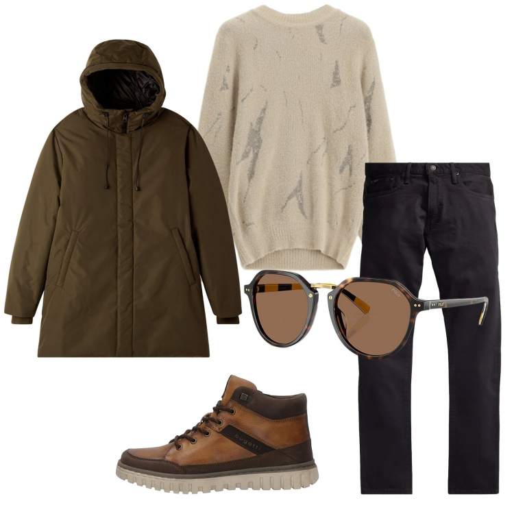 Outfit uomo - Total look #2312135. Stile Casual per Tutti i giorni. Abbinamento con parka, maglieria, occhiali da sole, jeans, anfibi.