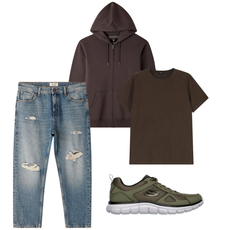 Outfit uomo - Total look #2312136. Stile Casual per Tutti i giorni. Abbinamento con felpe con cappuccio, jeans strappati, t-shirt, sneakers.