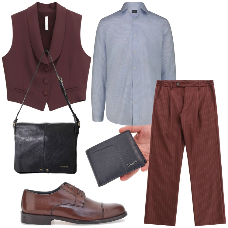 Outfit uomo - Un taxi e àlla festa. Stile Business/Elegante per Serata speciale. Abbinamento con pantaloni, gilet, borse sportive, scarpe stringate, camicie, portafogli.