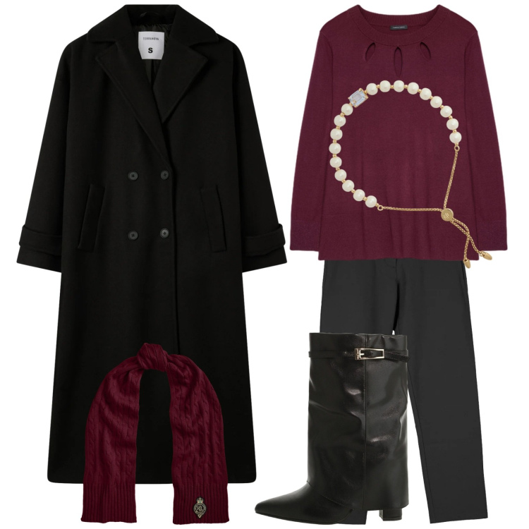 Outfit donna - Con il cappotto nero. Stile Trendy per Tutti i giorni. Abbinamento con cappotti, stivali, braccialetti, sciarpe, pantaloni chino, maglieria.
