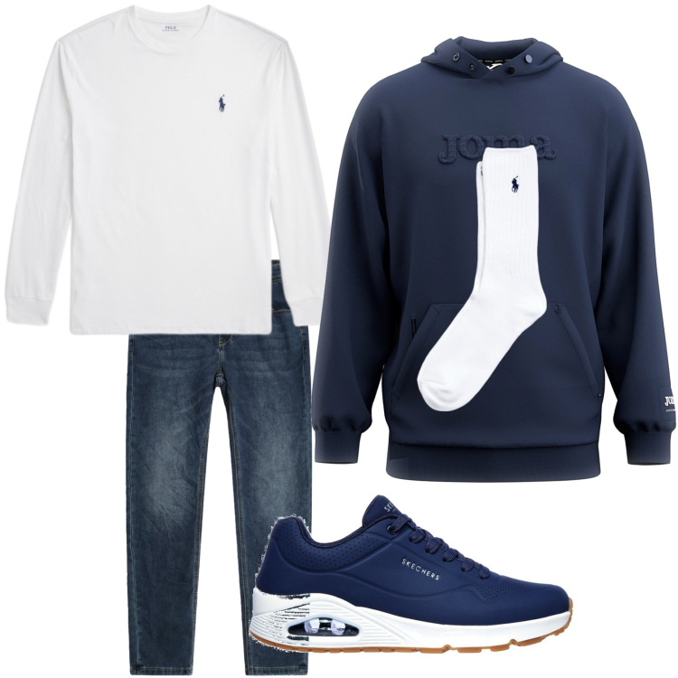 Outfit uomo - Blu and White. Stile Casual per Tutti i giorni. Abbinamento con jeans slim fit, calzini, t-shirt, felpe con cappuccio, sneakers.