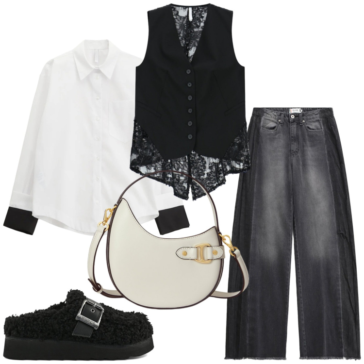 Outfit donna - Total look #2312144. Stile Mannish per Tutti i giorni. Abbinamento con jeans, camicie, gilet, borse a tracolla, sabot.