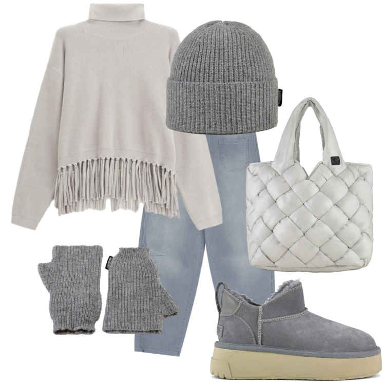 Outfit donna - Soft grey. Stile Trendy per Tutti i giorni. Abbinamento con maglieria, jeans, borse tote, guanti, berretti, stivali.