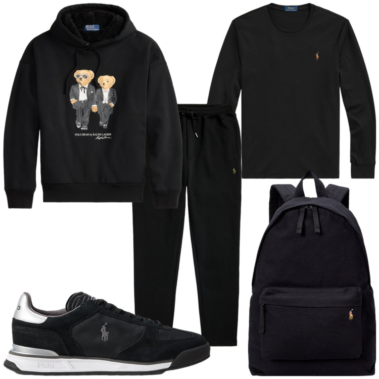 Outfit uomo - Ralph Lauren. Stile Casual per Sport. Abbinamento con t-shirt, borse sportive, sneakers, pantaloni sportivi, felpe con cappuccio.