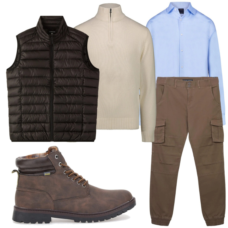 Outfit uomo - Total look #2312152. Stile Casual per Tutti i giorni. Abbinamento con pantaloni cargo, piumini, camicie, maglieria, anfibi.