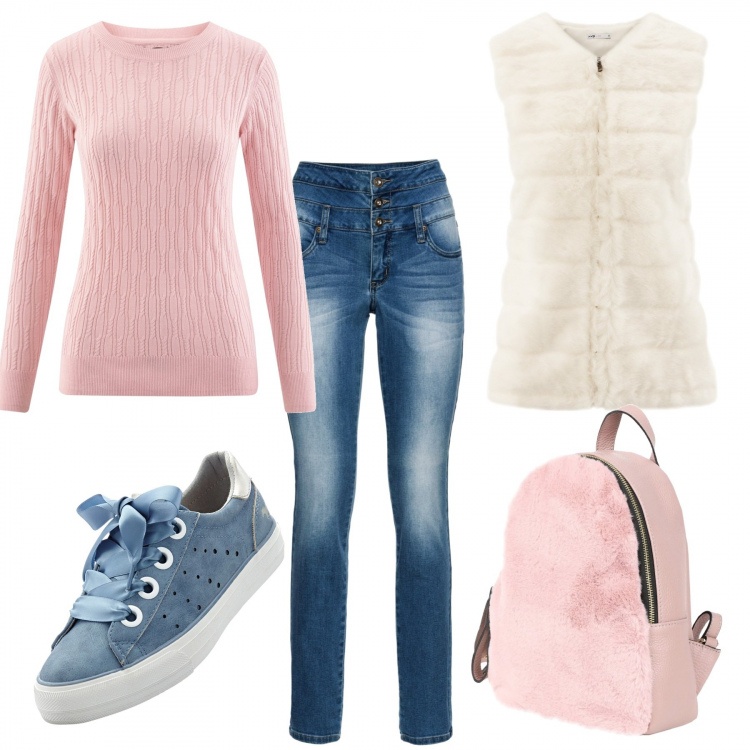 Outfit donna - Trendy #2857. Stile Trendy per Tutti i giorni. Abbinamento con sneakers effetto satinato con lacci blu, jeans skinny vita alta stretto blu, borsa, gilet, maglione effetto testurizzato girocollo rosa.