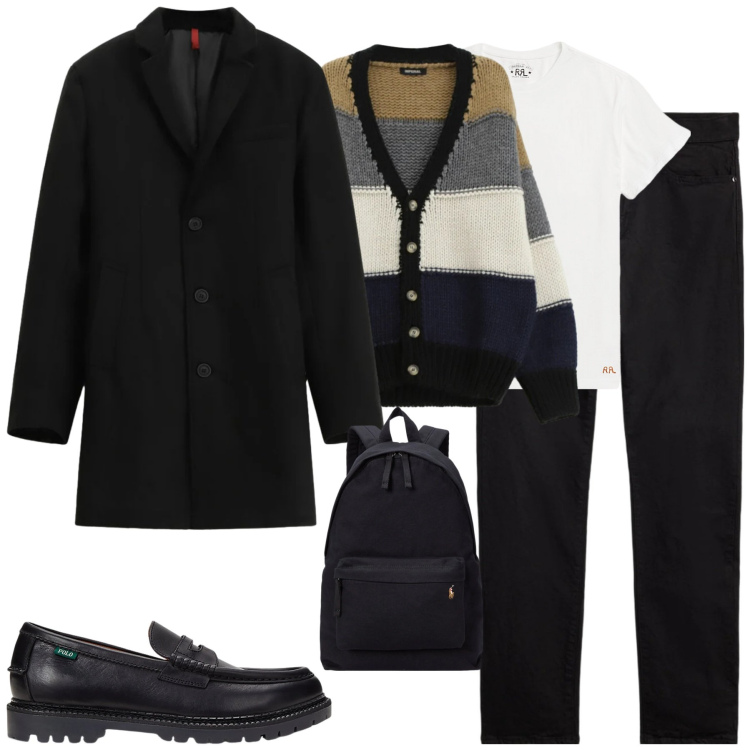 Outfit uomo - Rientro dalle feste. Stile Urban per Tutti i giorni. Abbinamento con cappotti, cardigans, jeans, t-shirt, borse sportive, scarpe stringate.