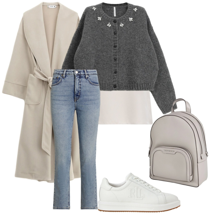 Outfit donna - Winter in soft grey- basic and easy chic. Stile Basic per Tutti i giorni. Abbinamento con top, zaini, cappotti, cardigans, sneakers, jeans dritti.