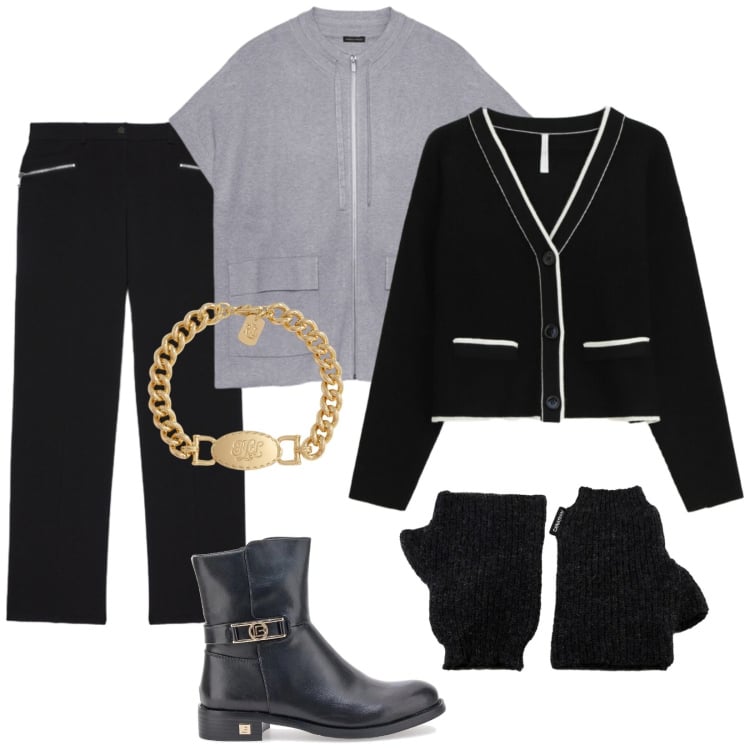 Outfit donna - Total look #2312164. Stile Bon Ton per Ufficio. Abbinamento con cardigans, braccialetti, guanti, stivaletti, pantaloni, maglieria.