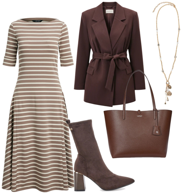 Outfit donna - Total look #2312165. Stile Romantica per Ufficio. Abbinamento con borse tote, vestiti, blazer, stivaletti, ciondoli.