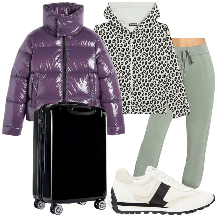 Outfit donna - Total look #2312180. Stile Sporty chic per Tutti i giorni. Abbinamento con valigie, felpe con cappuccio, sneakers, piumini, pantaloni.