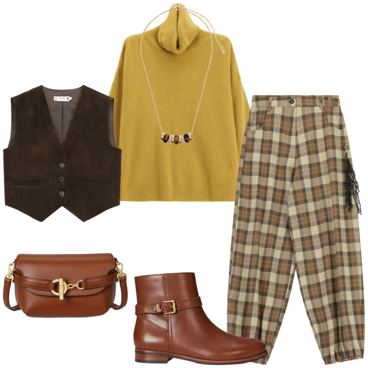 Outfit donna - Total look #2312190. Stile Chic per Tutti i giorni. Abbinamento con gilet, maglieria, pantaloni a palazzo, collane, borse a tracolla, stivaletti.