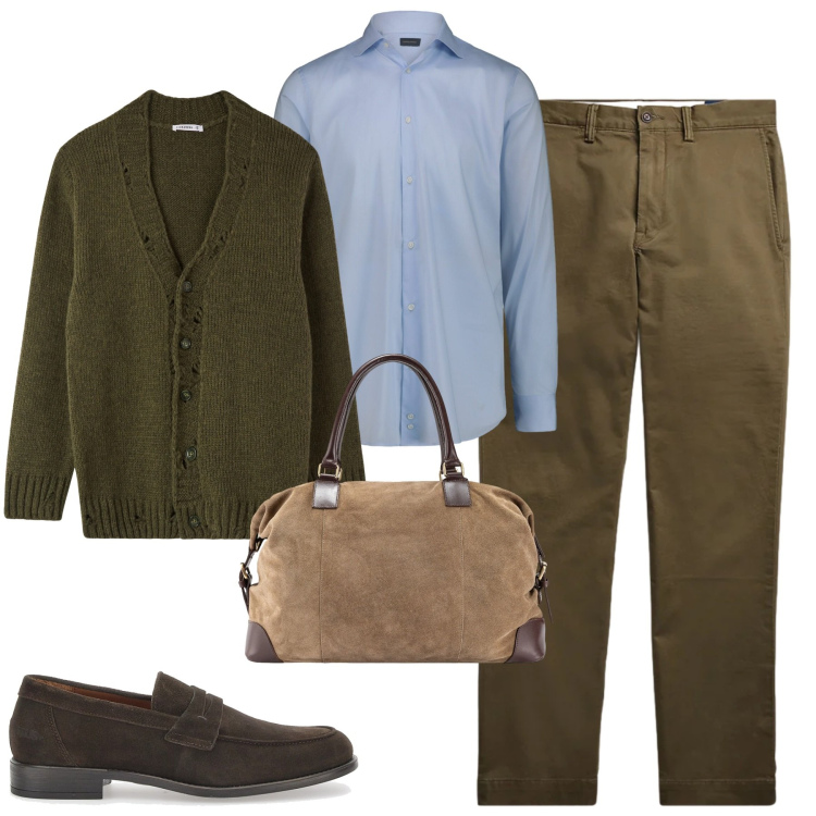 Outfit uomo - City. Stile Urban per Ufficio. Abbinamento con cardigans, pantaloni, scarpe stringate, borse sportive, camicie.