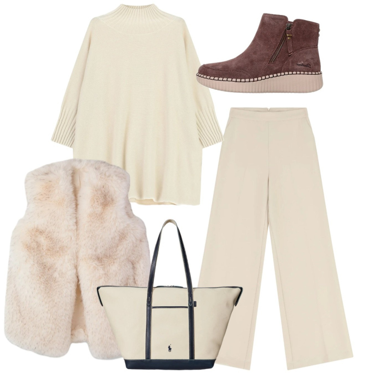 Outfit donna - Tonalità panna e burro. Stile Chic per Tutti i giorni. Abbinamento con piumini, maglieria, pantaloni, borse tote, stivaletti.
