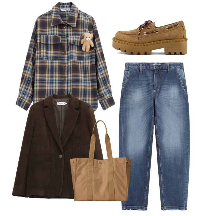 Outfit donna - Total look #2312217. Stile Casual per Tutti i giorni. Abbinamento con jeans, camicie, blazer, borse tote, mocassini.