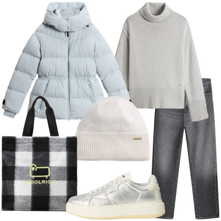 Outfit donna - Saldi Invernali Woolrich. Stile Casual per Scuola/Università. Abbinamento con jeans, borse tote, sneakers, berretti, maglieria, piumini.
