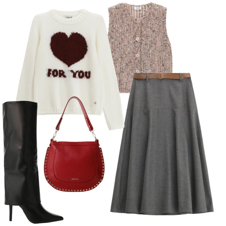 Outfit donna - Please - Saldi FW 2025. Stile Bon Ton per Ufficio. Abbinamento con gonne lunghe, gilet, pullovers, stivali, borse a spalla.