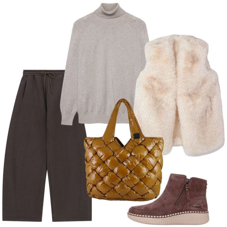 Outfit donna - Maglioni che abbracciano. Stile Casual per Tutti i giorni. Abbinamento con piumini, pantaloni a palazzo, borse tote, stivaletti, maglieria.
